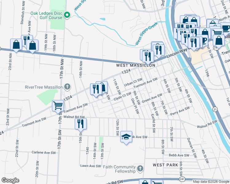 map of restaurants, bars, coffee shops, grocery stores, and more near 1114 Tremont Avenue Southwest in Massillon