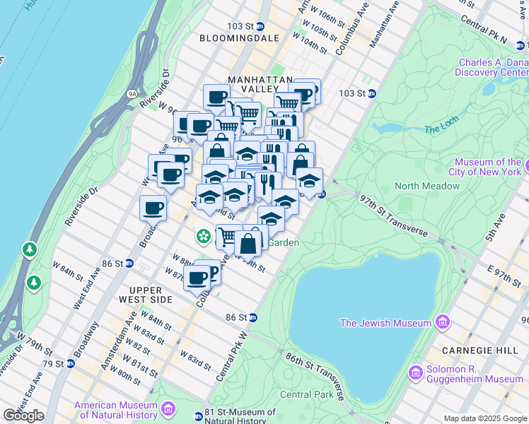map of restaurants, bars, coffee shops, grocery stores, and more near 57 West 93rd Street in New York