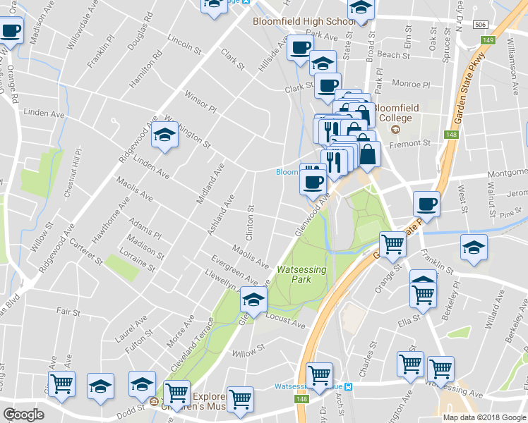 map of restaurants, bars, coffee shops, grocery stores, and more near 55 Linden Avenue in Bloomfield