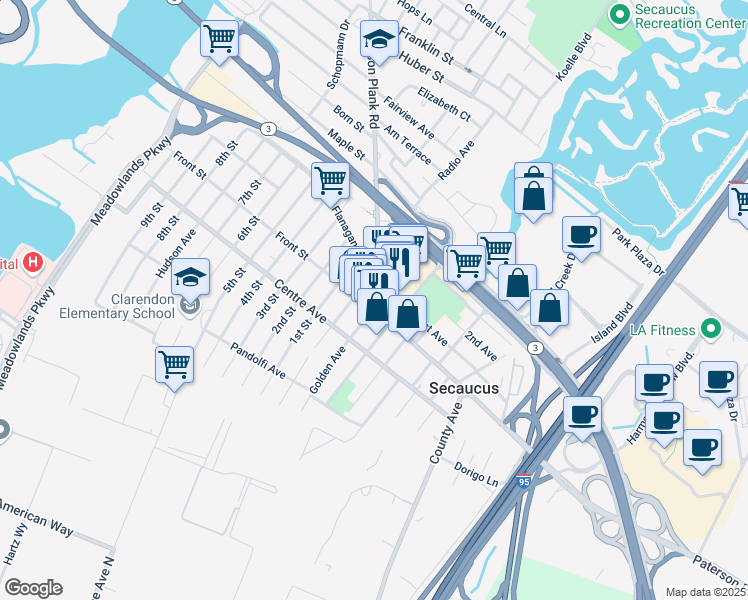 map of restaurants, bars, coffee shops, grocery stores, and more near 141 County Road 695 in Secaucus
