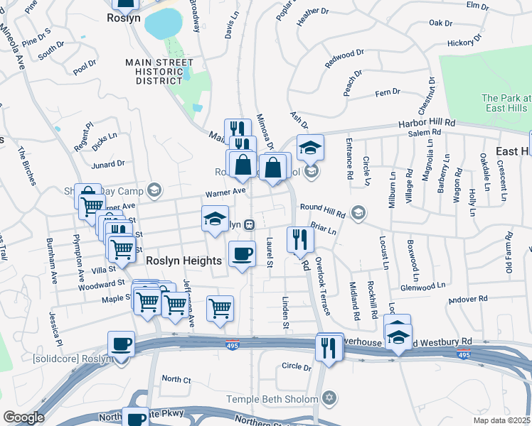 map of restaurants, bars, coffee shops, grocery stores, and more near 48 Orchard Street in Roslyn Heights