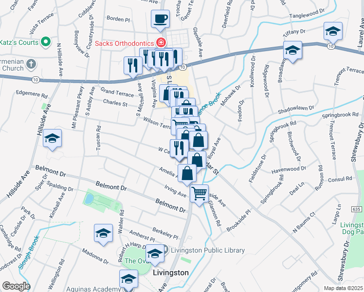 map of restaurants, bars, coffee shops, grocery stores, and more near 154 South Livingston Avenue in Livingston