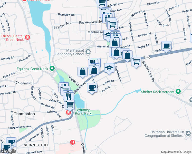 map of restaurants, bars, coffee shops, grocery stores, and more near 11 Northern Boulevard in Manhasset