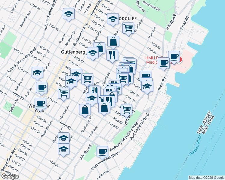 map of restaurants, bars, coffee shops, grocery stores, and more near 117 67th Street in West New York