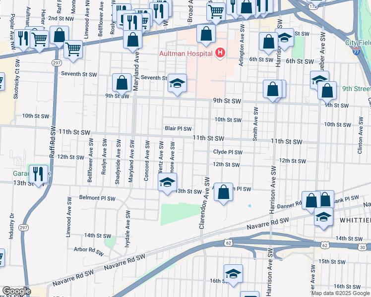 map of restaurants, bars, coffee shops, grocery stores, and more near 1124 Homewood Avenue Southwest in Canton