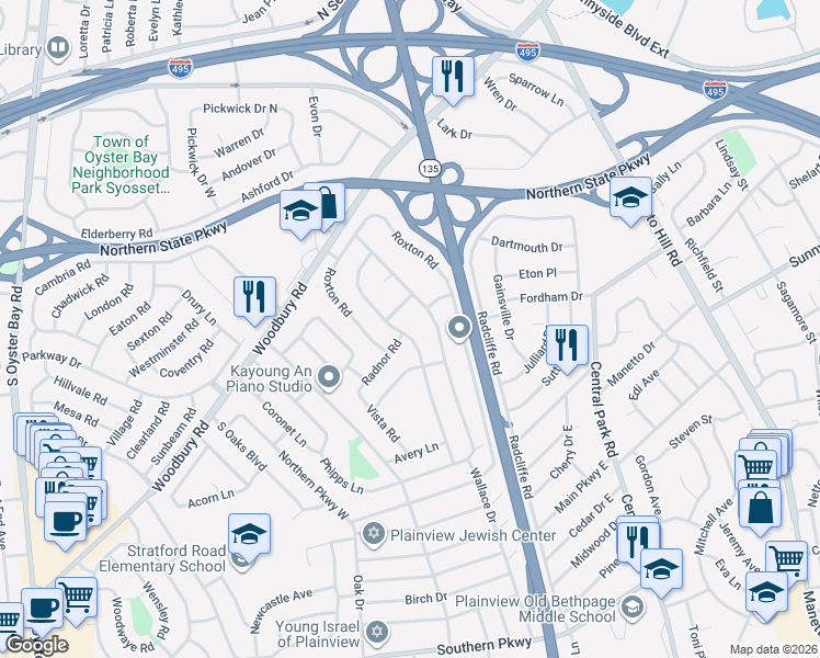 map of restaurants, bars, coffee shops, grocery stores, and more near 36 Glenwood Road in Plainview