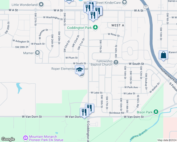 map of restaurants, bars, coffee shops, grocery stores, and more near South Coddington Avenue in Lincoln