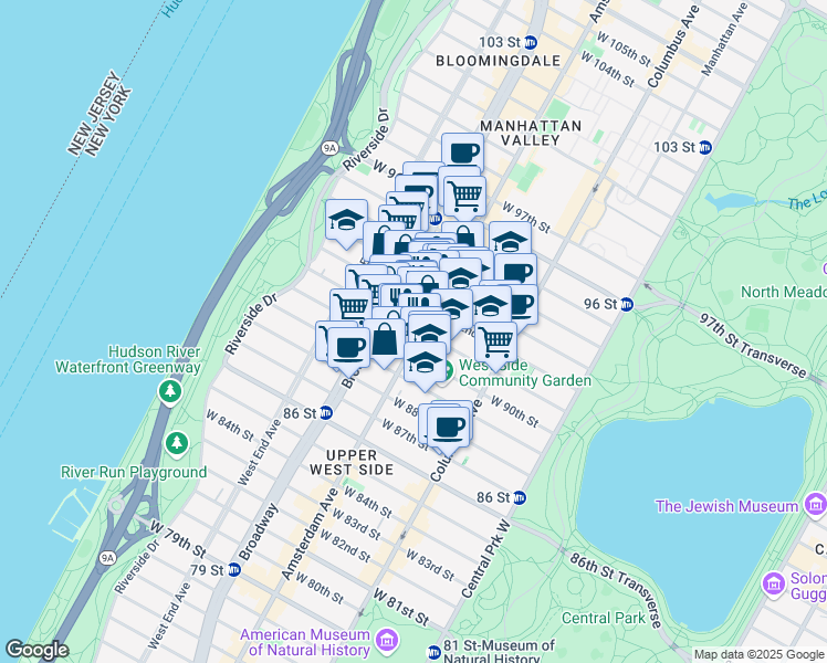 map of restaurants, bars, coffee shops, grocery stores, and more near 200 West 91st Street in New York