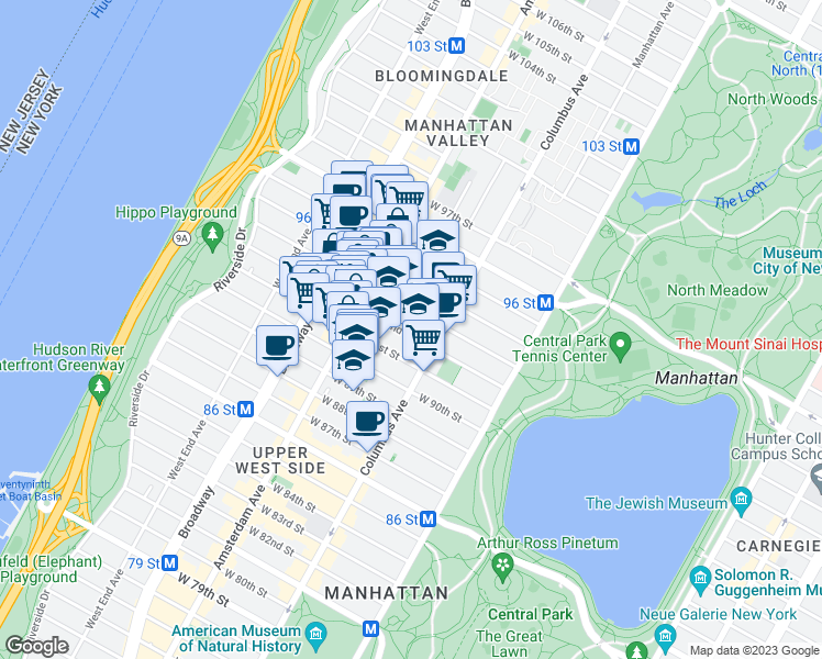 map of restaurants, bars, coffee shops, grocery stores, and more near 123 West 92nd Street in New York