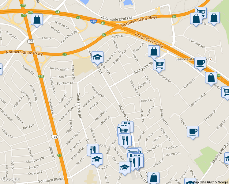 map of restaurants, bars, coffee shops, grocery stores, and more near 269 Manetto Hill Road in Plainview