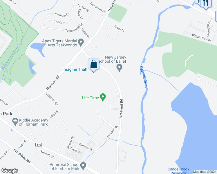 map of restaurants, bars, coffee shops, grocery stores, and more near 8 Vreeland Road in Florham Park