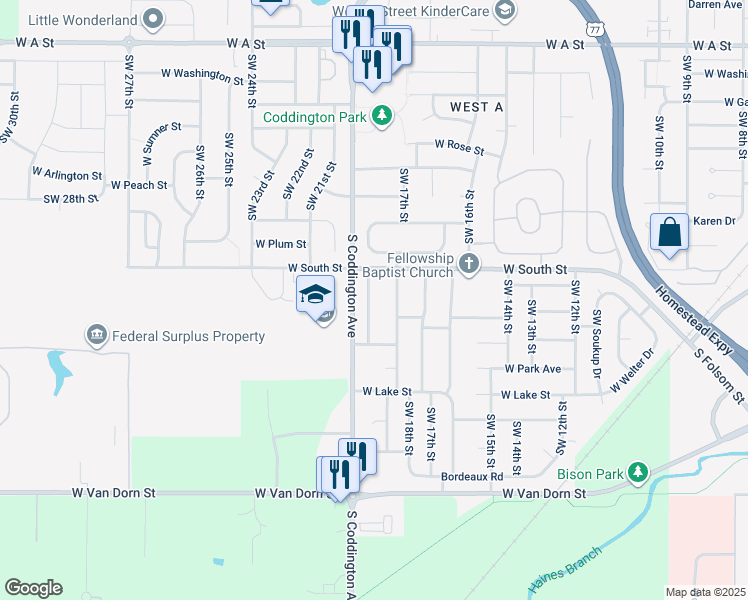 map of restaurants, bars, coffee shops, grocery stores, and more near 2200 Southwest 19th Street in Lincoln