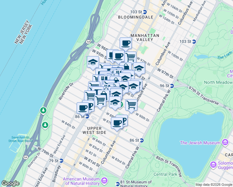 map of restaurants, bars, coffee shops, grocery stores, and more near 165 West 91st Street in New York