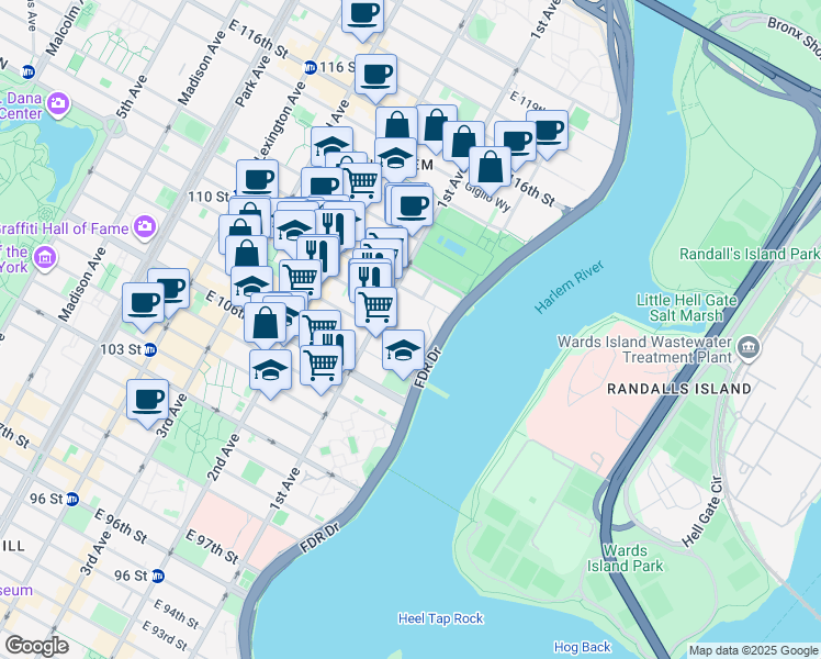 map of restaurants, bars, coffee shops, grocery stores, and more near in New York