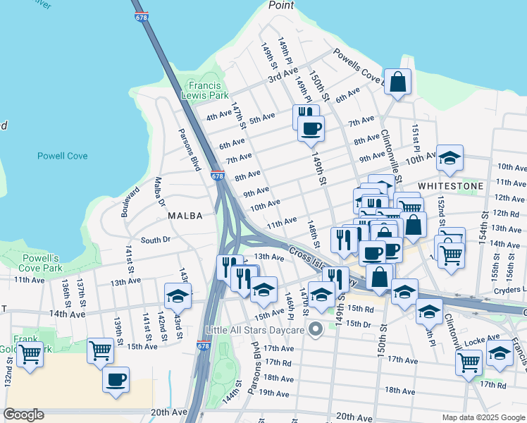 map of restaurants, bars, coffee shops, grocery stores, and more near 145-72 10th Avenue in Queens