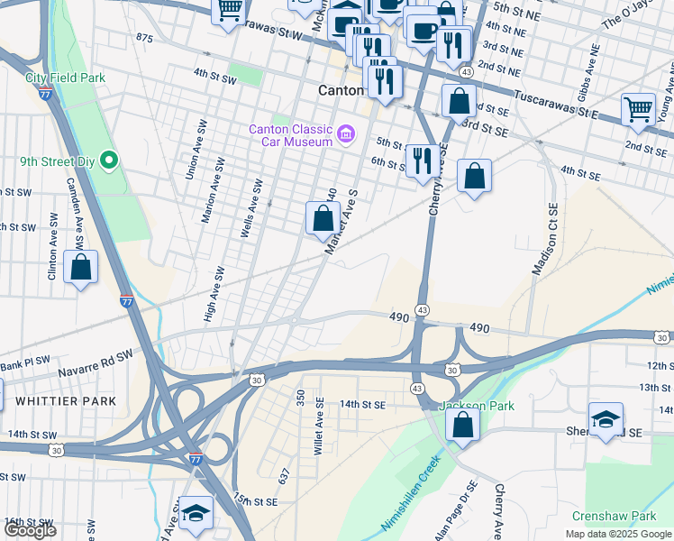 map of restaurants, bars, coffee shops, grocery stores, and more near 1000 Market Avenue South in Canton