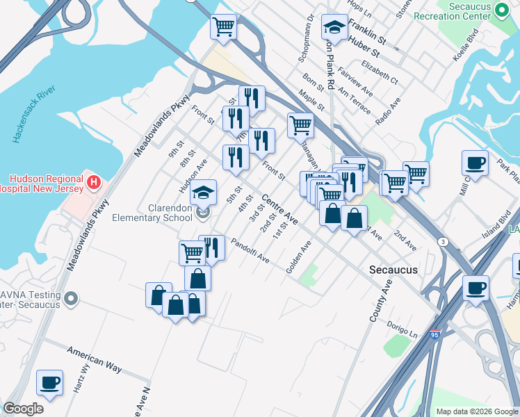 map of restaurants, bars, coffee shops, grocery stores, and more near 736 3rd Street in Secaucus