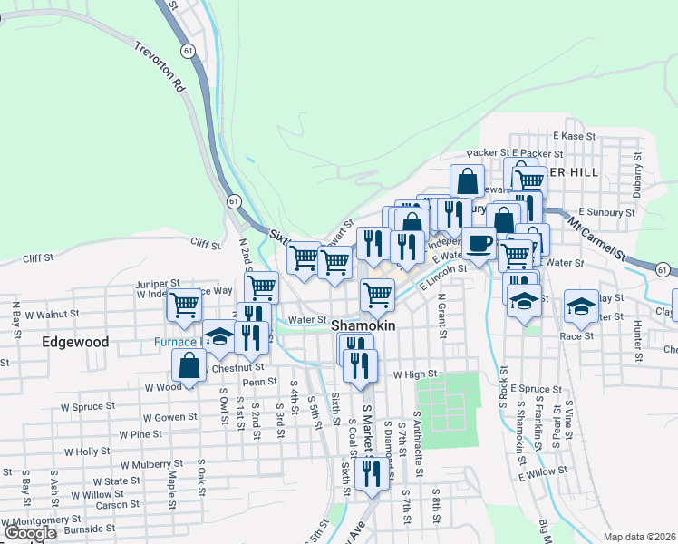 map of restaurants, bars, coffee shops, grocery stores, and more near 235 West Commerce Street in Shamokin