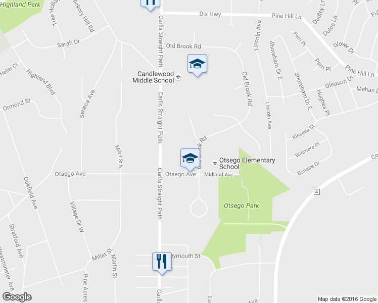 map of restaurants, bars, coffee shops, grocery stores, and more near 63 Old Brook Road in Dix Hills