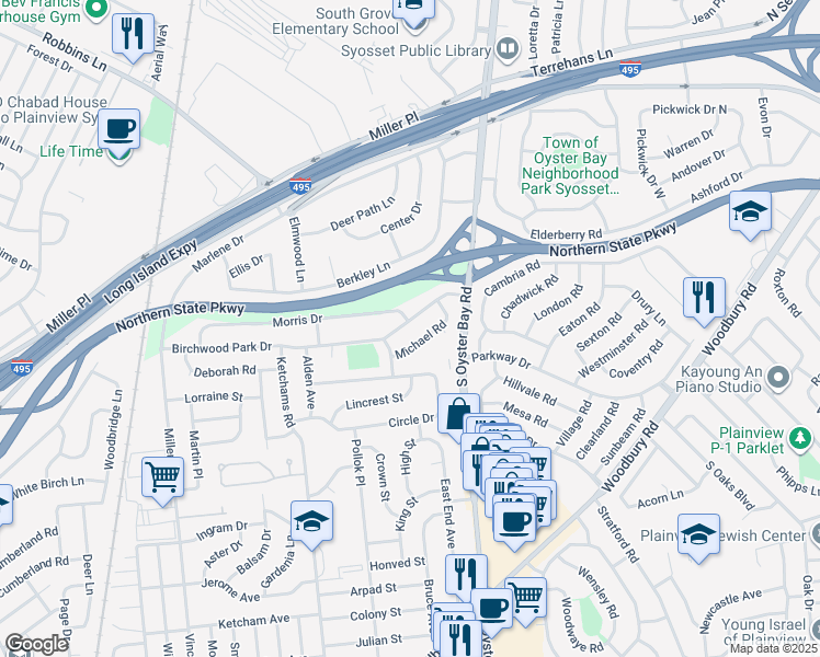 map of restaurants, bars, coffee shops, grocery stores, and more near 91 Birchwood Park Drive in Syosset