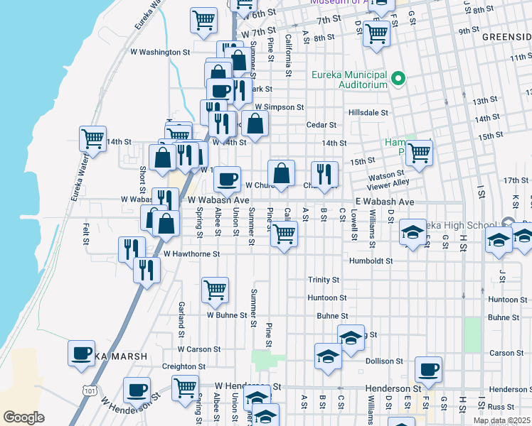 map of restaurants, bars, coffee shops, grocery stores, and more near 1825 Pine Street in Eureka