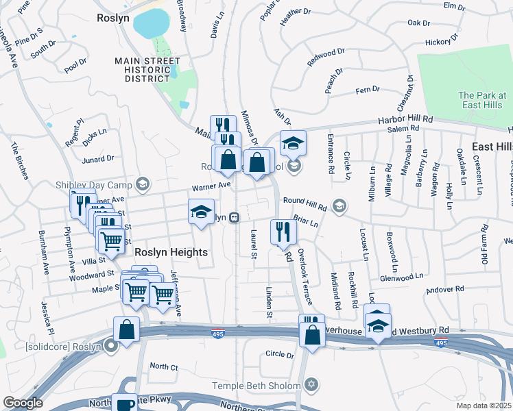 map of restaurants, bars, coffee shops, grocery stores, and more near 48 Orchard Street in Roslyn Heights
