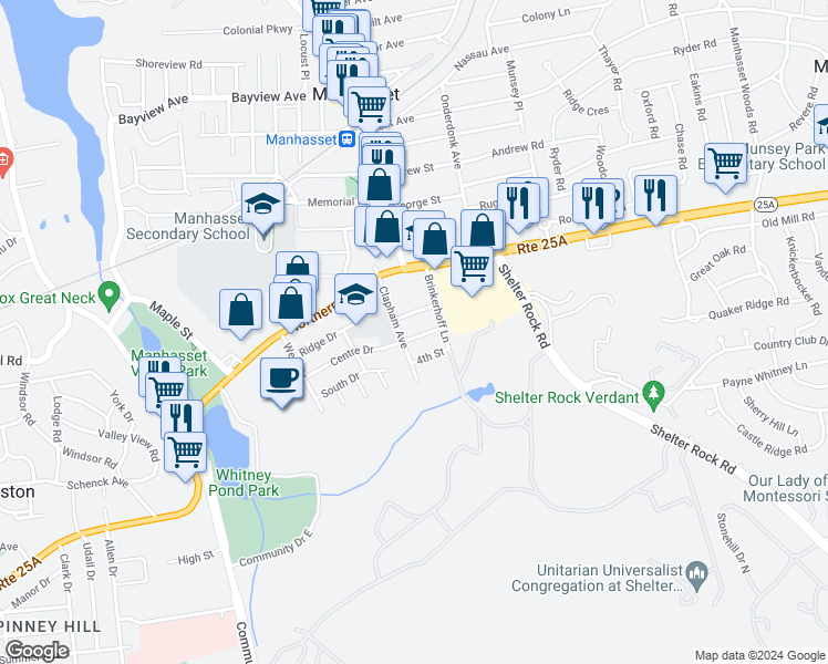 map of restaurants, bars, coffee shops, grocery stores, and more near 58 Clapham Avenue in Manhasset