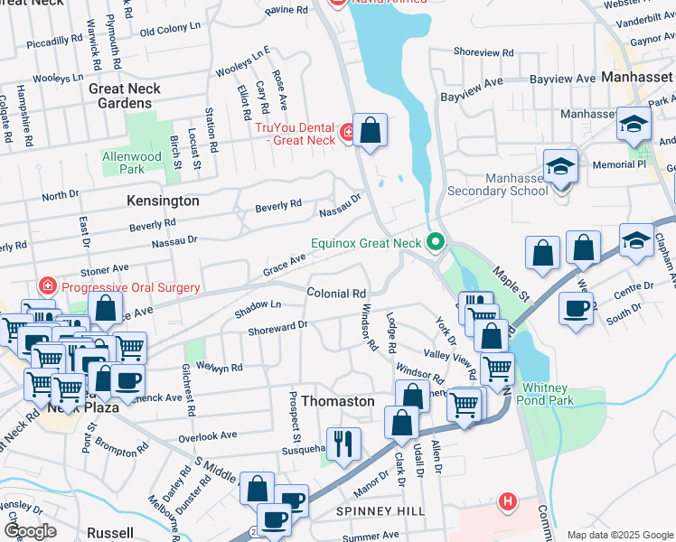 map of restaurants, bars, coffee shops, grocery stores, and more near 5 Saint George Road in Great Neck