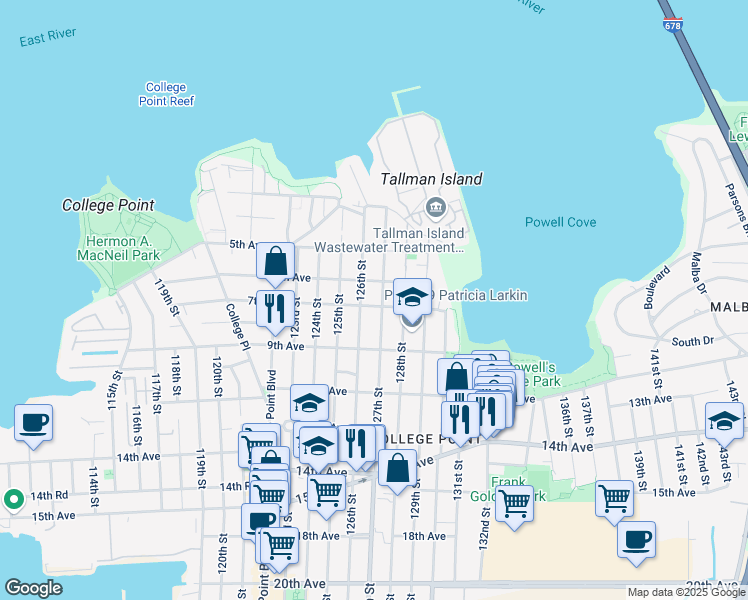 map of restaurants, bars, coffee shops, grocery stores, and more near 6-17 127th Street in Queens