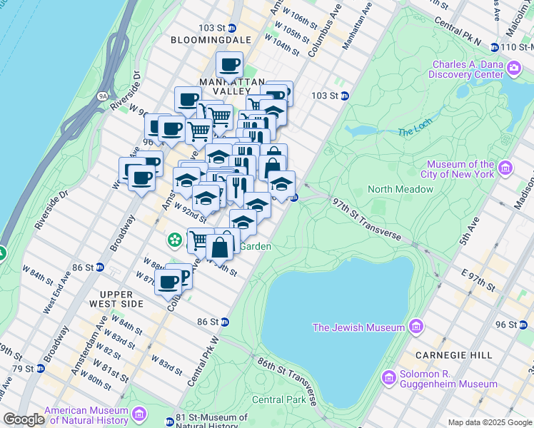 map of restaurants, bars, coffee shops, grocery stores, and more near 31 West 94th Street in New York