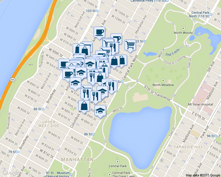 map of restaurants, bars, coffee shops, grocery stores, and more near 31 West 94th Street in New York