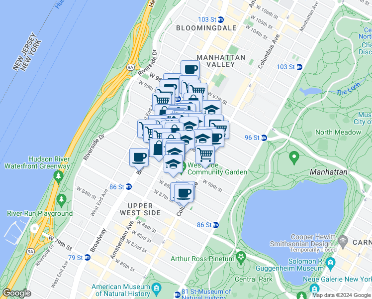 map of restaurants, bars, coffee shops, grocery stores, and more near 140 West 92nd Street in New York