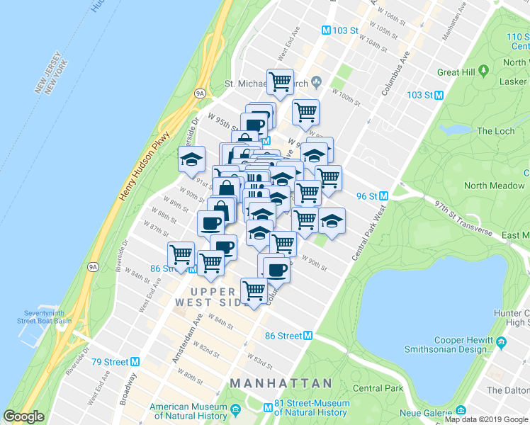 map of restaurants, bars, coffee shops, grocery stores, and more near 166 West 92nd Street in New York
