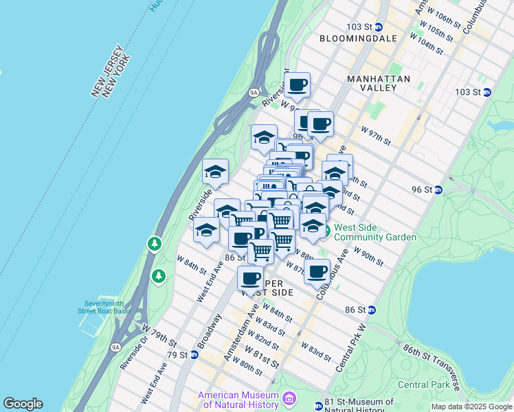map of restaurants, bars, coffee shops, grocery stores, and more near 250 West 90th Street in New York