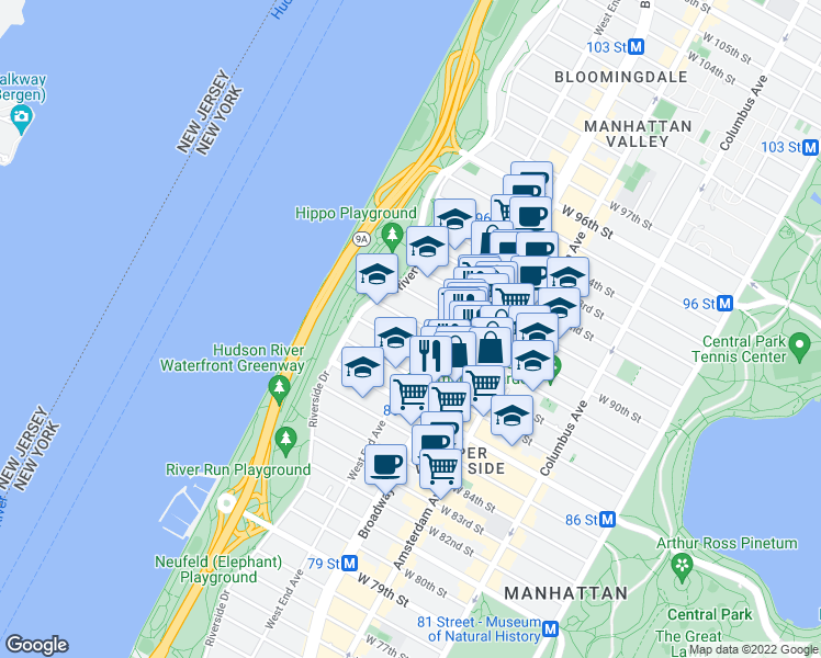 map of restaurants, bars, coffee shops, grocery stores, and more near 304 West 89th Street in New York