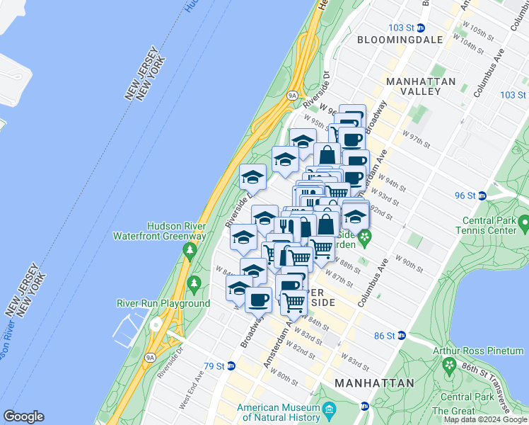 map of restaurants, bars, coffee shops, grocery stores, and more near 341 West 88th Street in New York