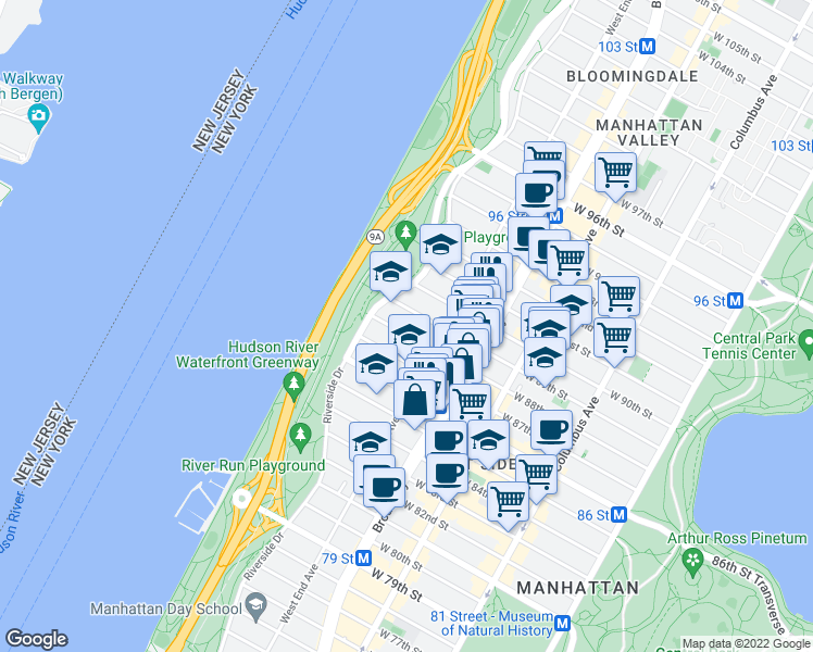 map of restaurants, bars, coffee shops, grocery stores, and more near 345 West 88th Street in New York