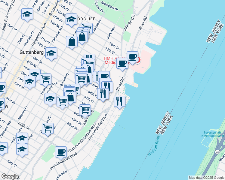 map of restaurants, bars, coffee shops, grocery stores, and more near 7002 Boulevard East in West New York