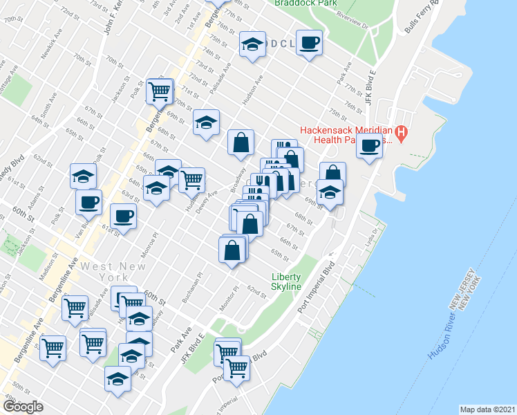map of restaurants, bars, coffee shops, grocery stores, and more near in West New York