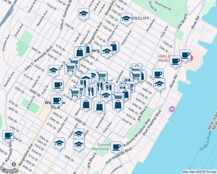 map of restaurants, bars, coffee shops, grocery stores, and more near 6500 Dewey Avenue in West New York