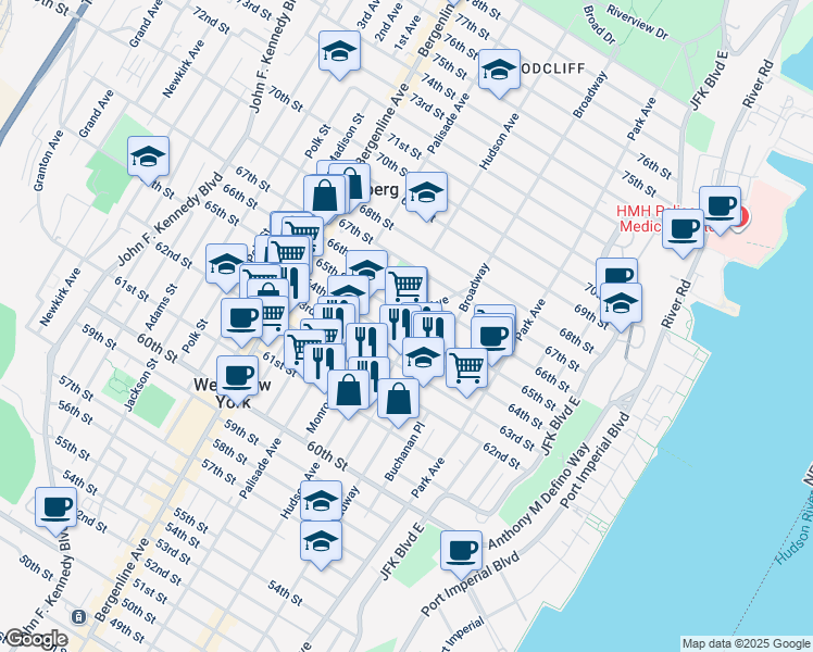map of restaurants, bars, coffee shops, grocery stores, and more near 308 64th Street in West New York