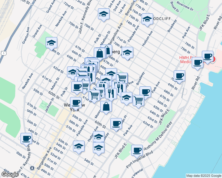 map of restaurants, bars, coffee shops, grocery stores, and more near 6310 Palisade Avenue in West New York