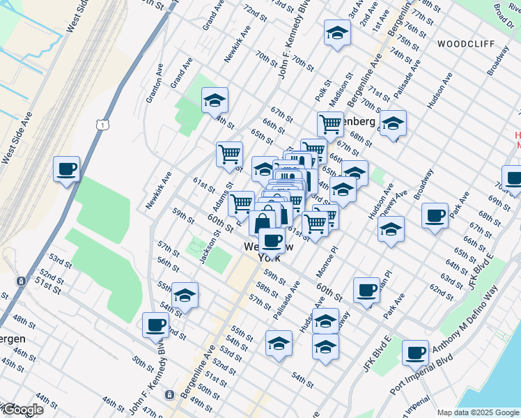 map of restaurants, bars, coffee shops, grocery stores, and more near 6122 Madison Street in West New York