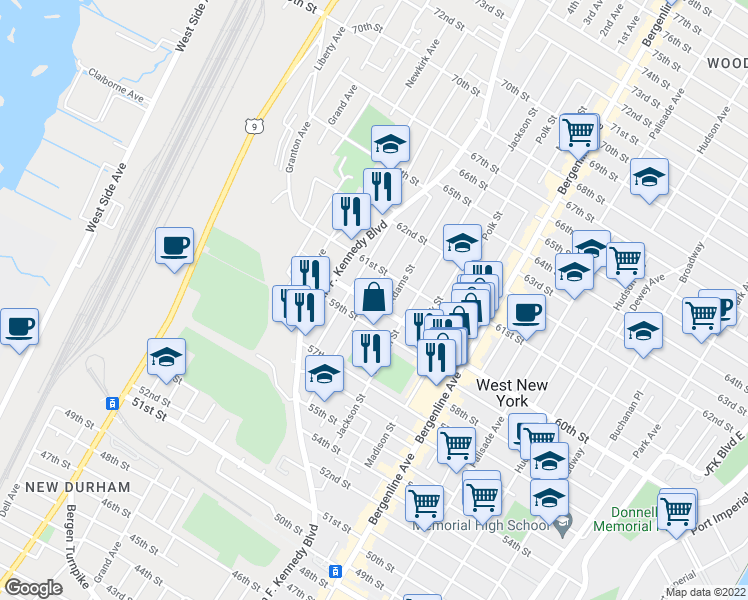 map of restaurants, bars, coffee shops, grocery stores, and more near 620 60th Street in West New York