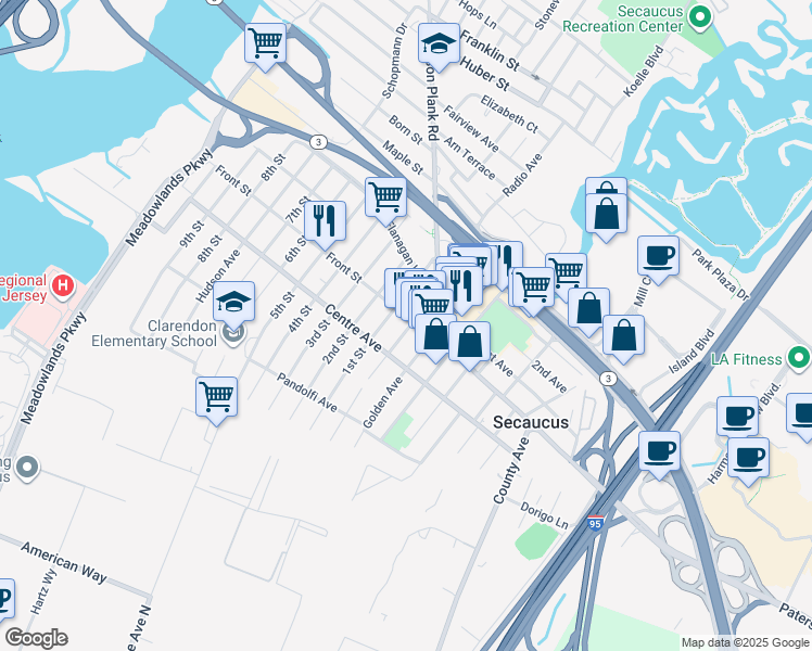 map of restaurants, bars, coffee shops, grocery stores, and more near 163 Front Street in Secaucus
