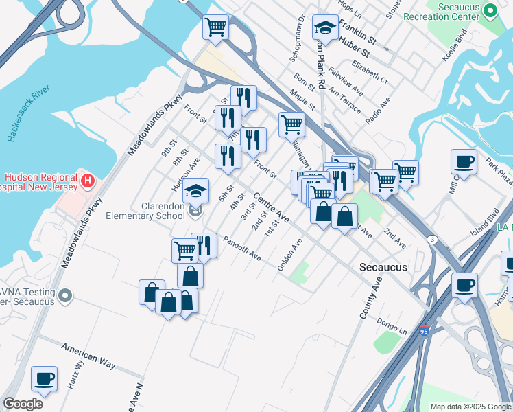 map of restaurants, bars, coffee shops, grocery stores, and more near 736 3rd Street in Secaucus
