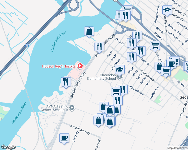 map of restaurants, bars, coffee shops, grocery stores, and more near 668 9th Street in Secaucus