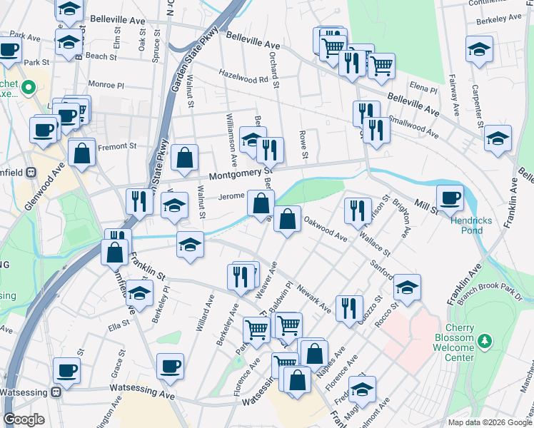map of restaurants, bars, coffee shops, grocery stores, and more near 297 Berkeley Avenue in Bloomfield