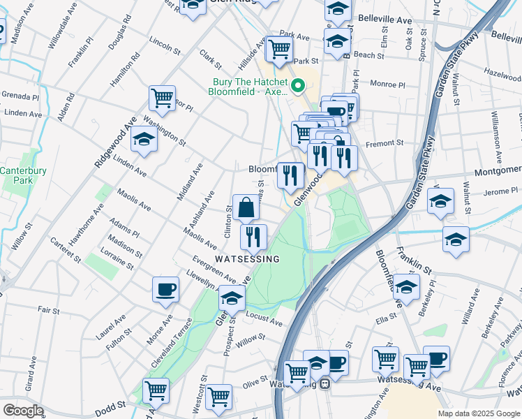 map of restaurants, bars, coffee shops, grocery stores, and more near 28 Henry Street in Bloomfield