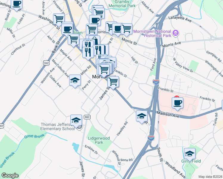 map of restaurants, bars, coffee shops, grocery stores, and more near 200 South Street in Morristown